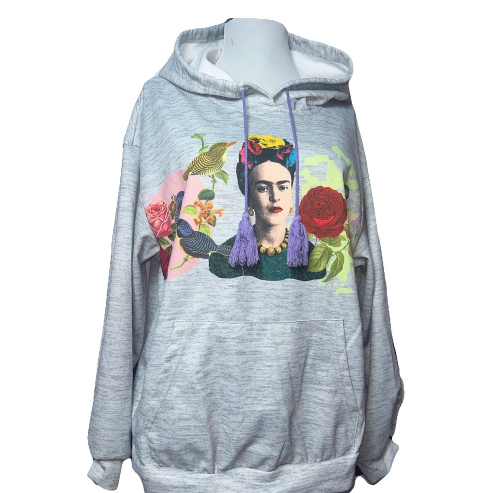 Unisex Frida Khalo Legend Inspired Light Grey Hoodie Sz M-L Preowned